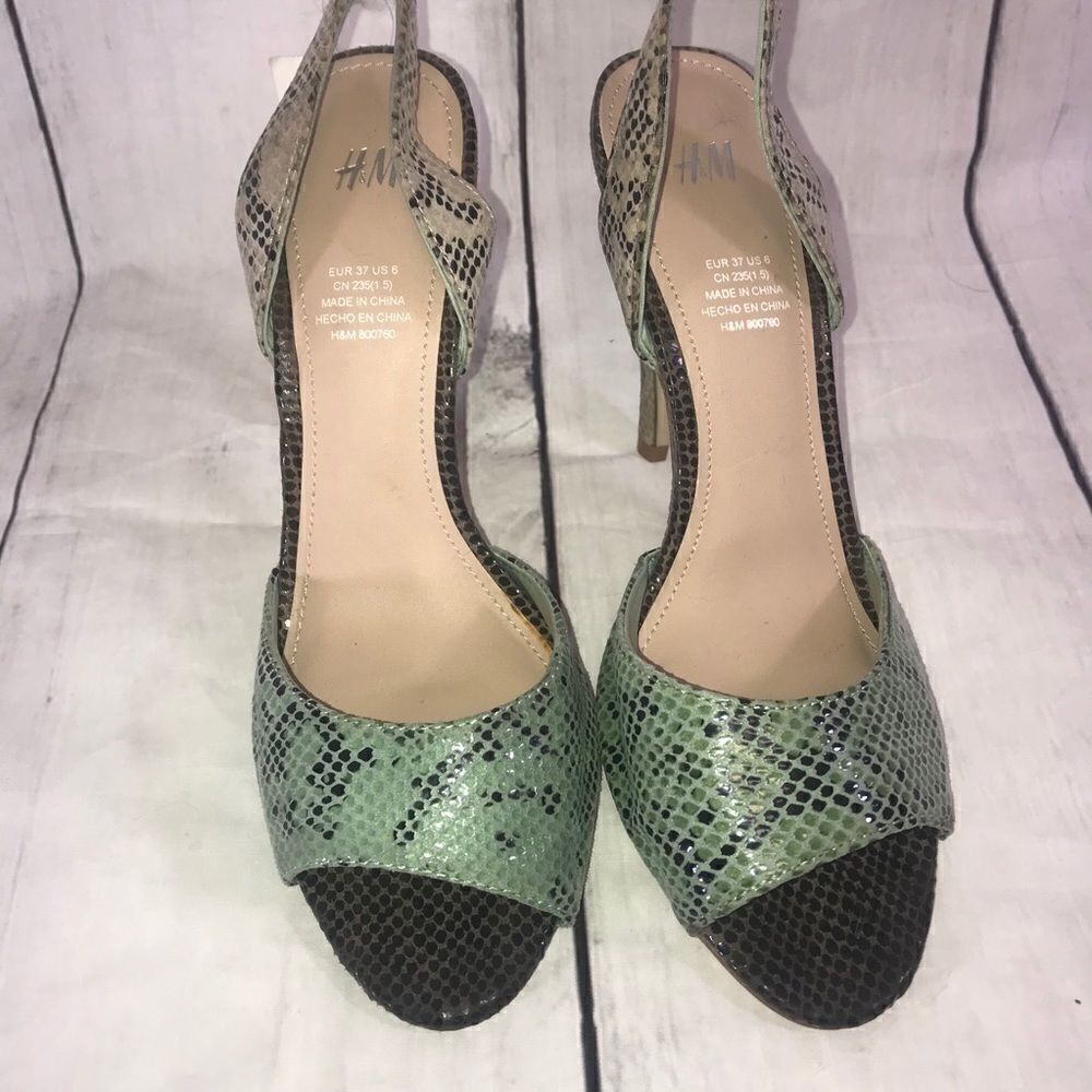 NEW! H&M Snake Skin Green/Beige Slingback Pumps 6